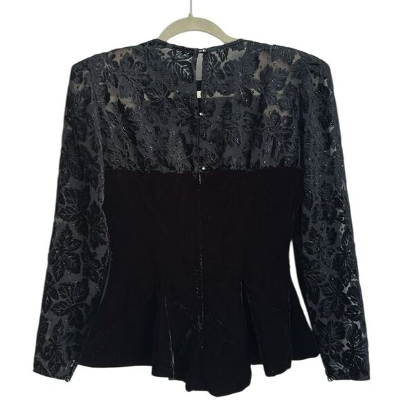 VTG Algo Boutique Velvet Peplum Blouse Sheer Floral Sleeves Sweetheart Size 9 - Picture 2 of 13